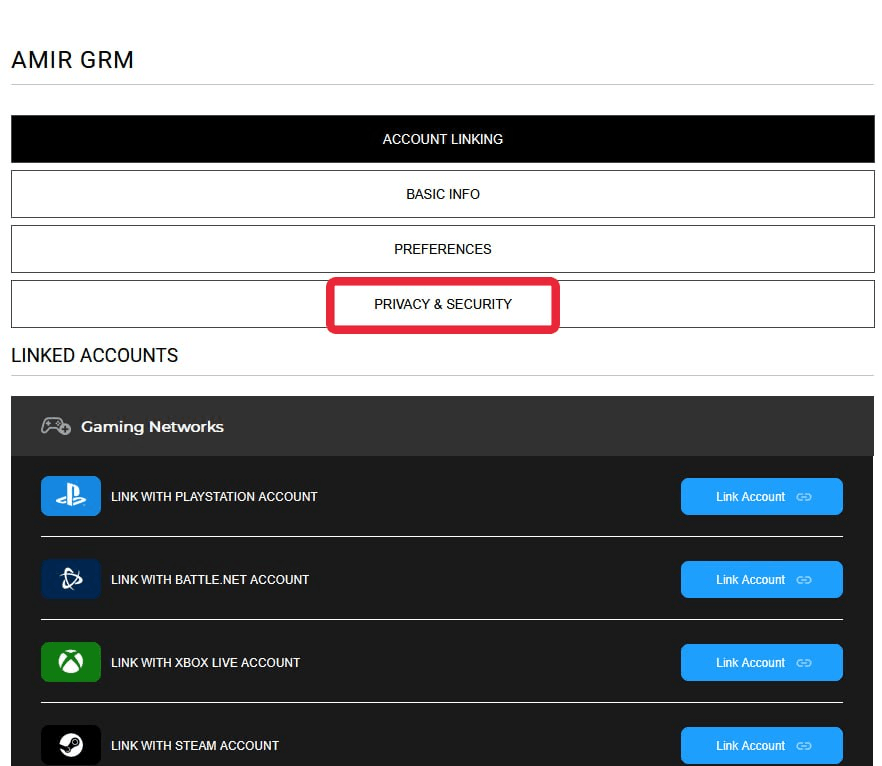 ورود به بخش حریم خصوصی و امنیت در اکانت اکتیویژن